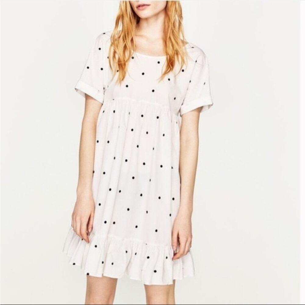 NWT Zara Polka Dot 100% Cotton Flounce Hem Babydoll Open Back Dress with Bow S